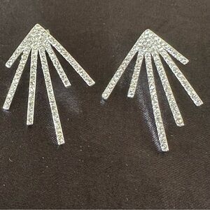 Vintage Rhinestone Fan Statement Earrings – Silver Tone Sparkly Art Deco Style